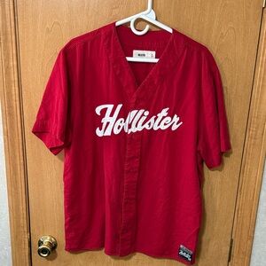 Hollister Men’s Red Button-Up Jersey Shirt-Size XL